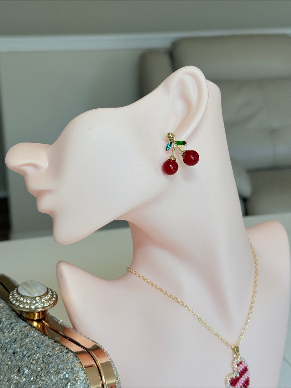 Gold Cherry Drop Earrings - Red Cherry Dangle